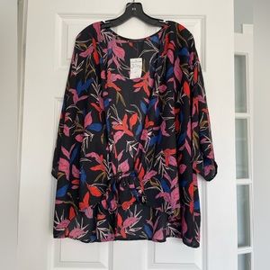 West Kei black, blue, and pink floral tie blouse
